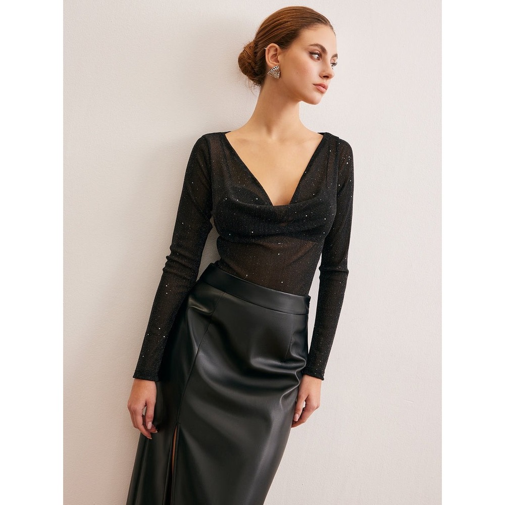 Commense Semi-Sheer Cowl Neck Sequins Thin Blouse black size M